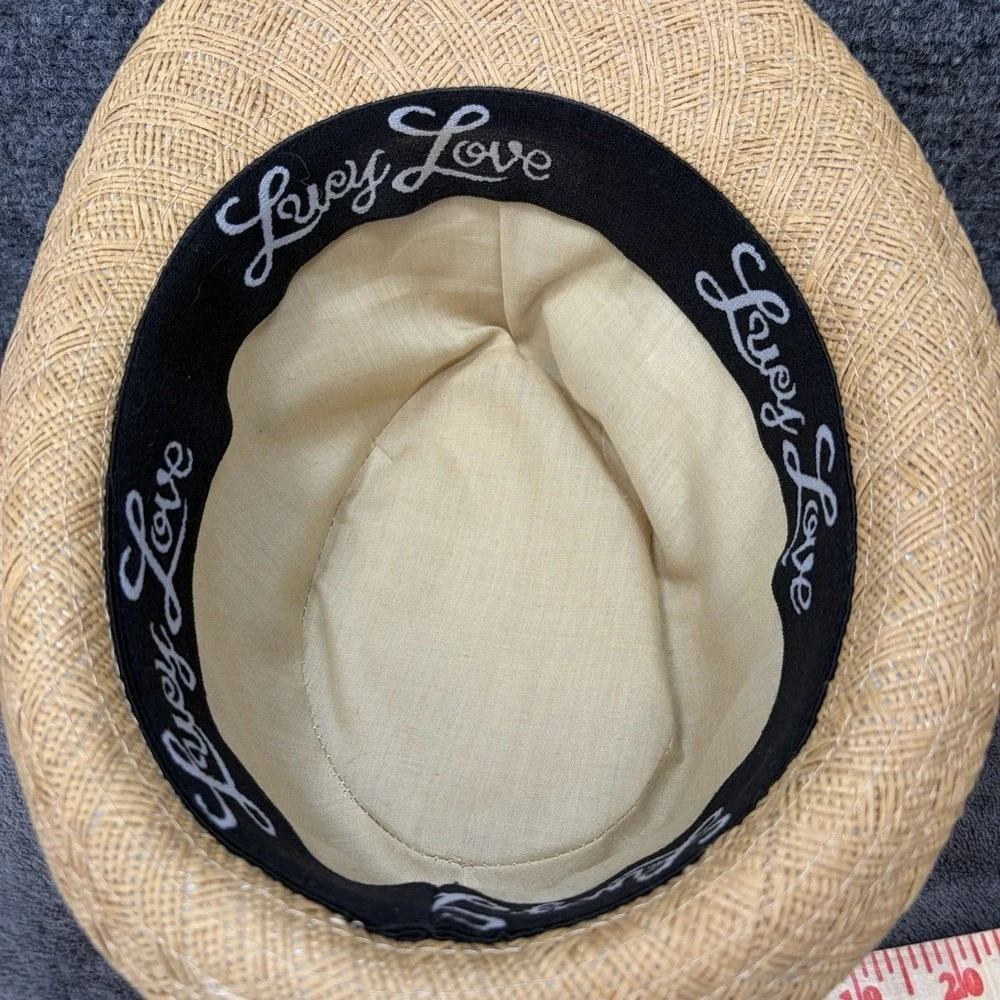 Lucy Love Straw Fedora Hat Womens OS Tan Floral Band Woven Sun Beach Summer Boho
